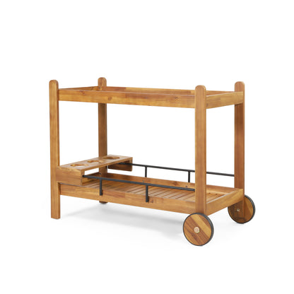 Acacia Wood Bar Cart With Slat Design And Wine Holders