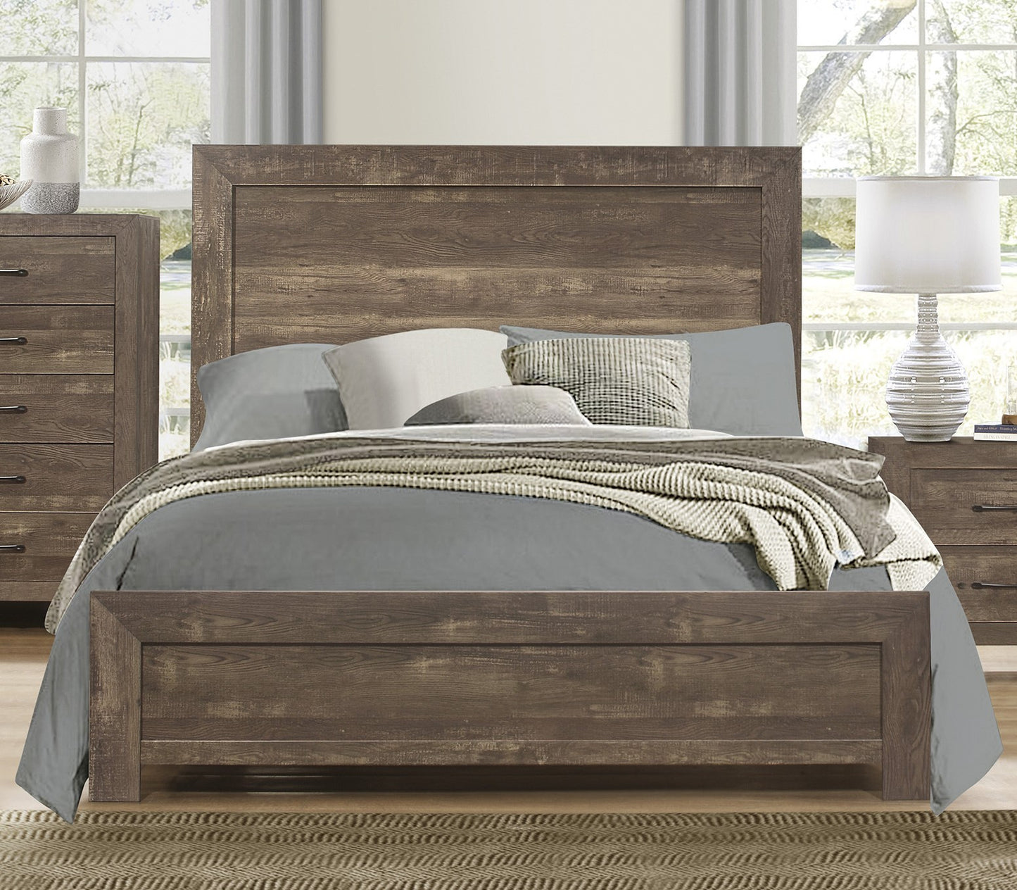 Rustic Elegance Queen Size Bed Set with Headboard and Footboard in Brown Finish