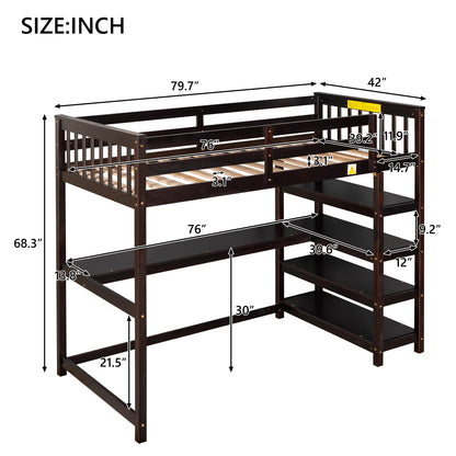 Espresso Twin Loft Bed with Integrated Workspace and Storage Shelves