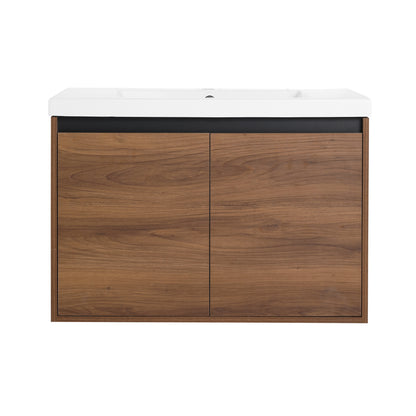 30-Inch LEVISTAR Brown Engineered Wood Bathroom Vanity with Resin Sink and Dual Door Storage Cabinet