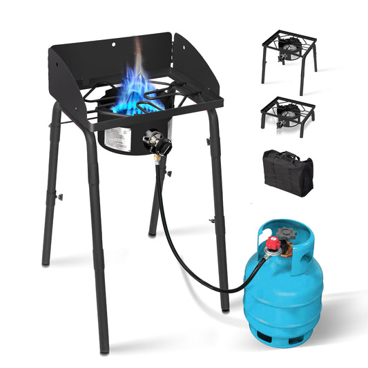 Single Burner Camping Gas Stove With Removable Legs Windshield Carry Bag Propane Cooking CSA Certified Cast Iron Burner Black