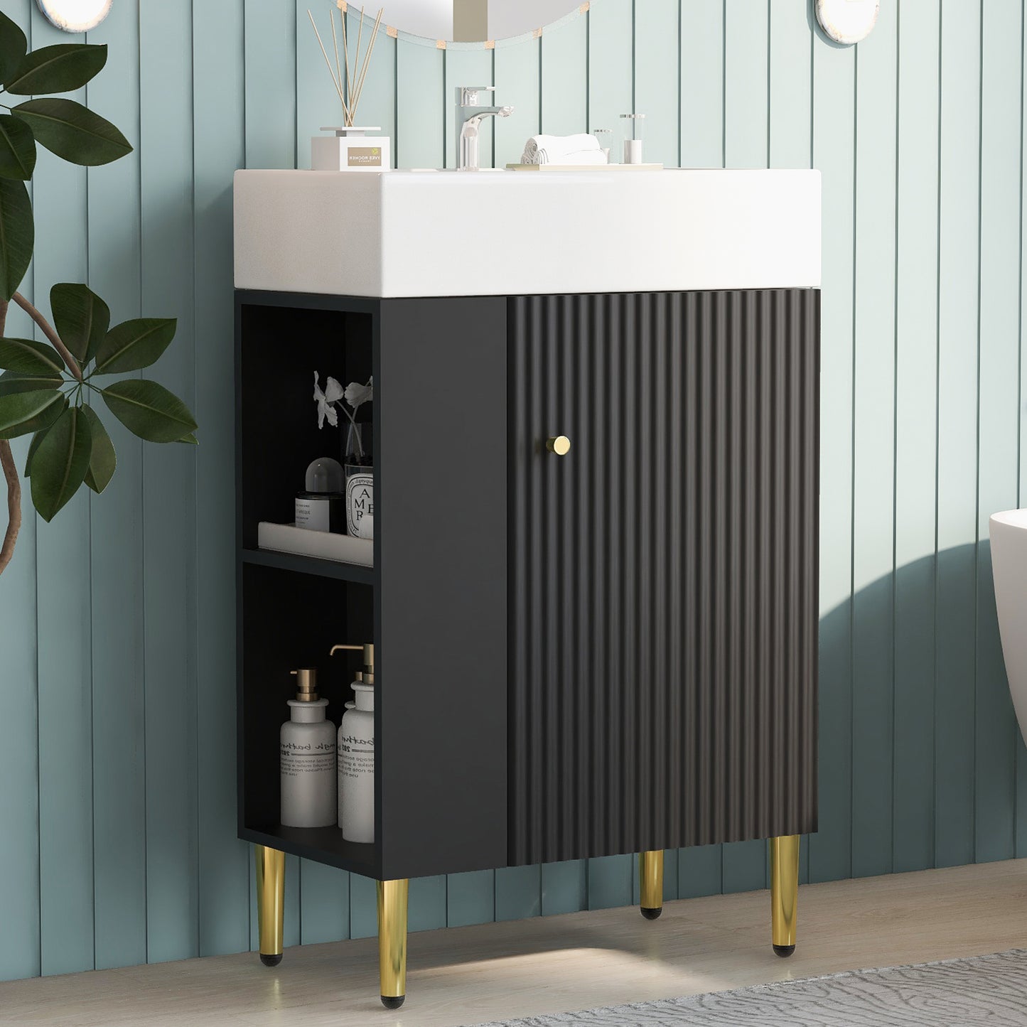 21.6" Modern Black Bathroom Vanity with Left Side Storage and Ceramic Sink