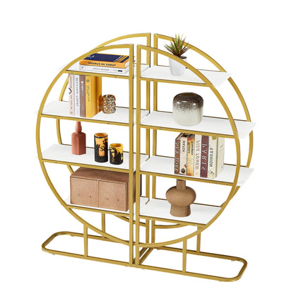 Modern 4-Tier Round Open Bookshelf with Gold Metal Frame and Adjustable Placement Options