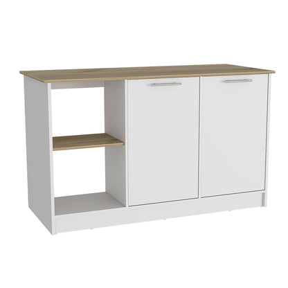 Modern Light Oak & White Kitchen Island with Open Shelves and Cabinets