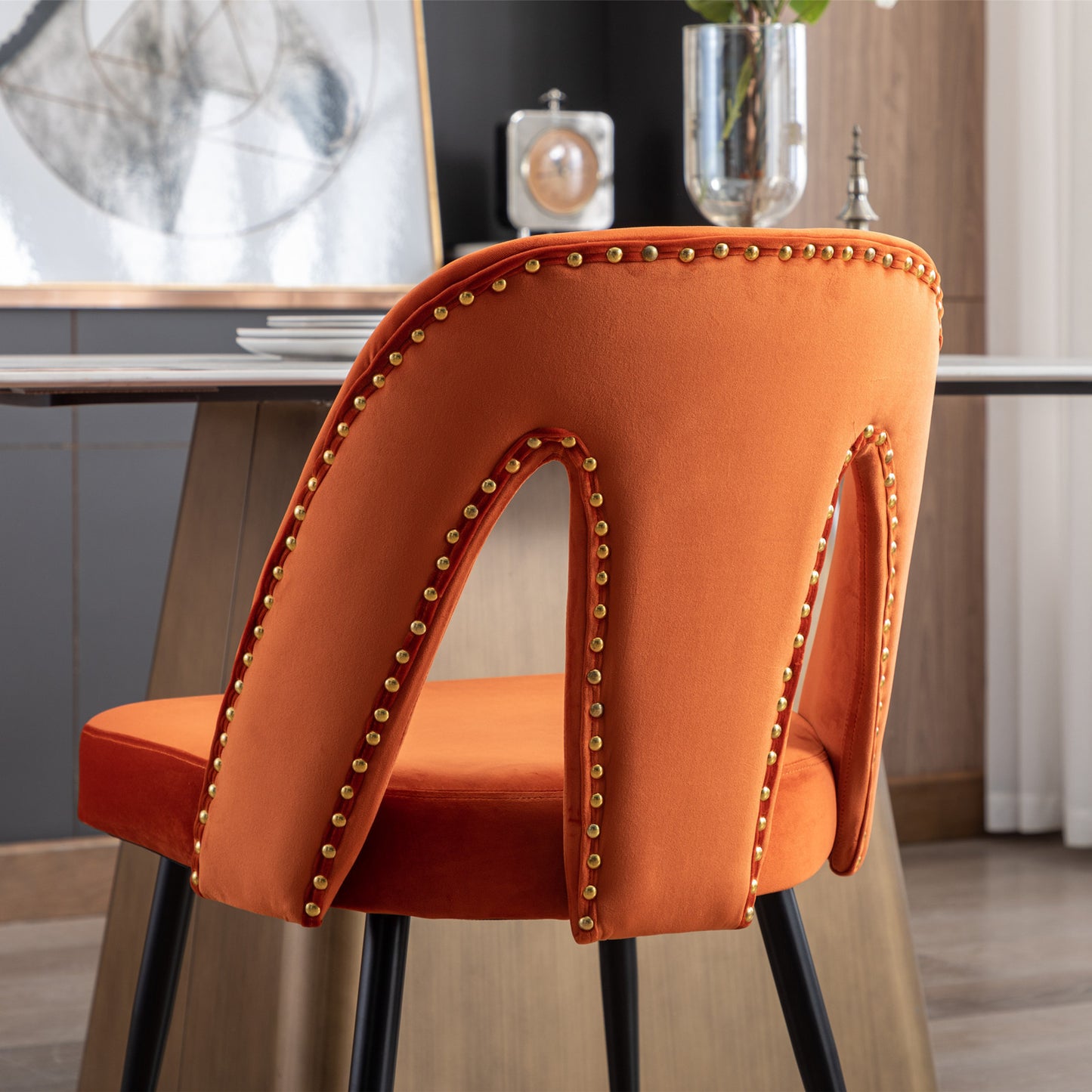 Set of 2 Velvet Upholstered Dining Chairs with Nailhead Trim and Gold-Tipped Black Metal Legs, Orange