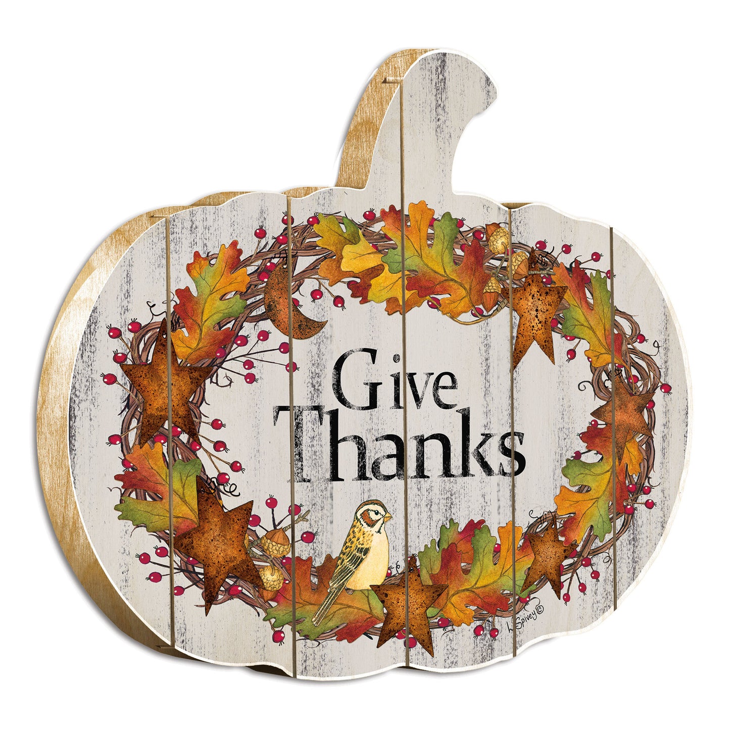 Wooden Pumpkin Wall Art, 'Give Thanks' Print, 17.25 x 15 in, Fall Rustic Decor, Wall Accent Multicolor