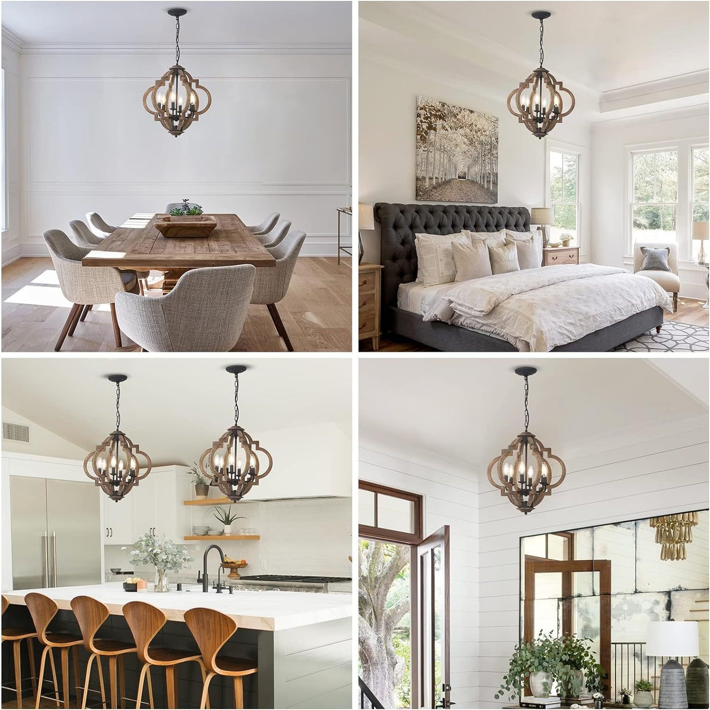 6-Light Farmhouse Chandelier for Dining Room & Kitchen - Rustic Wood and Metal Boho Pendant Light, Black