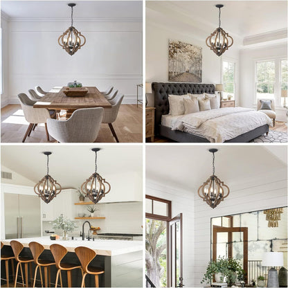 6-Light Farmhouse Chandelier for Dining Room & Kitchen - Rustic Wood and Metal Boho Pendant Light, Black
