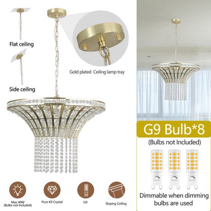 8-Light Crystal Waterfall Chandelier, 23.6 Modern Ceiling Light for Living Room, Dining, Sand Gold Finish