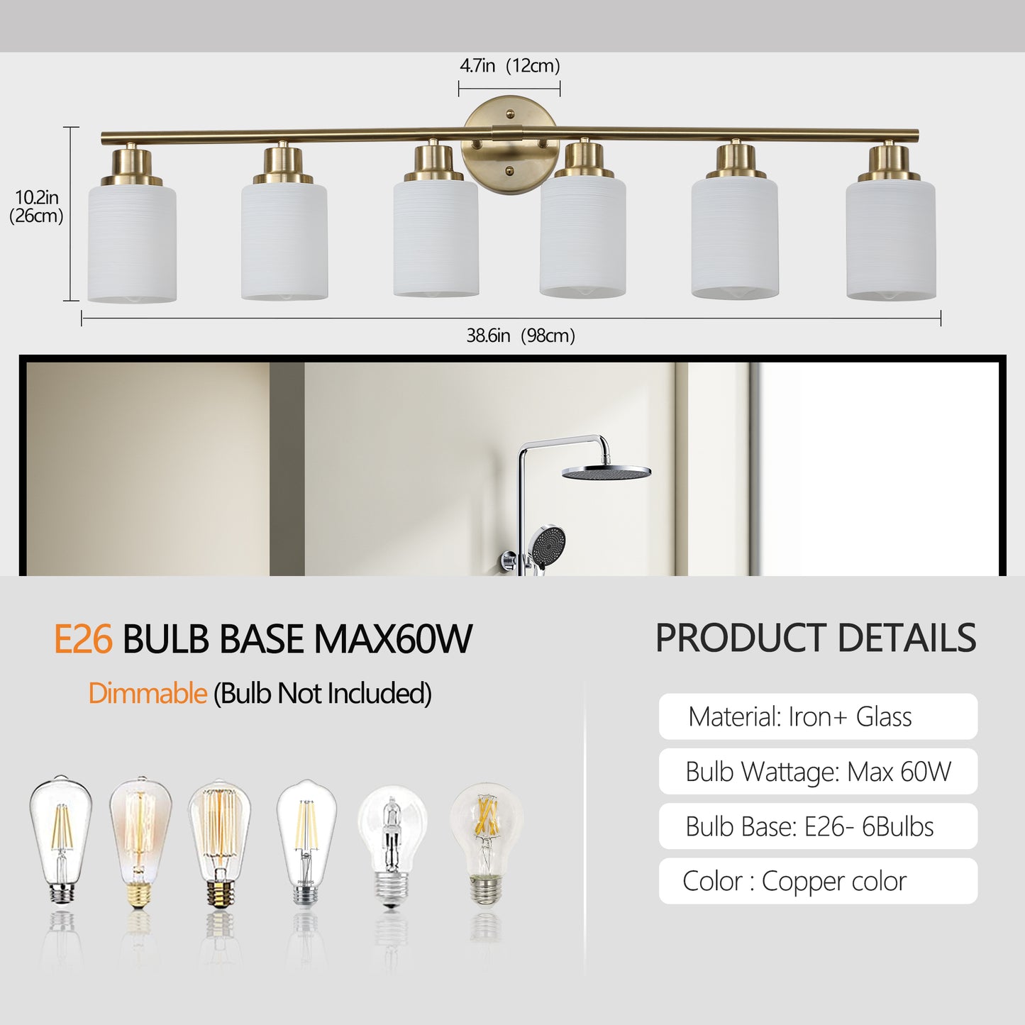 6-Light Vanity Light Bar for Bathrooms with Frosted Glass Shades, Contemporary Wall Mount, Golden
