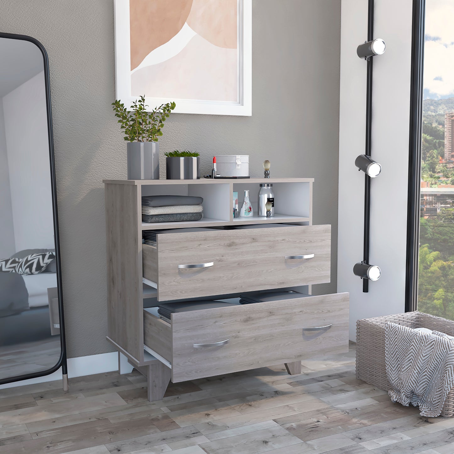 Portanova Modern Light Gray and White Dresser with Two Drawers and Open Shelves