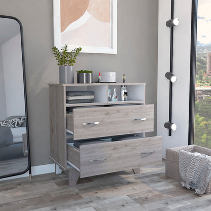 Portanova Modern Light Gray and White Dresser with Two Drawers and Open Shelves