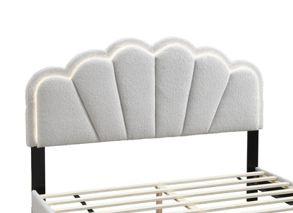 Elegant White Queen Size Platform Bed with Floral Headboard and LED Lighting