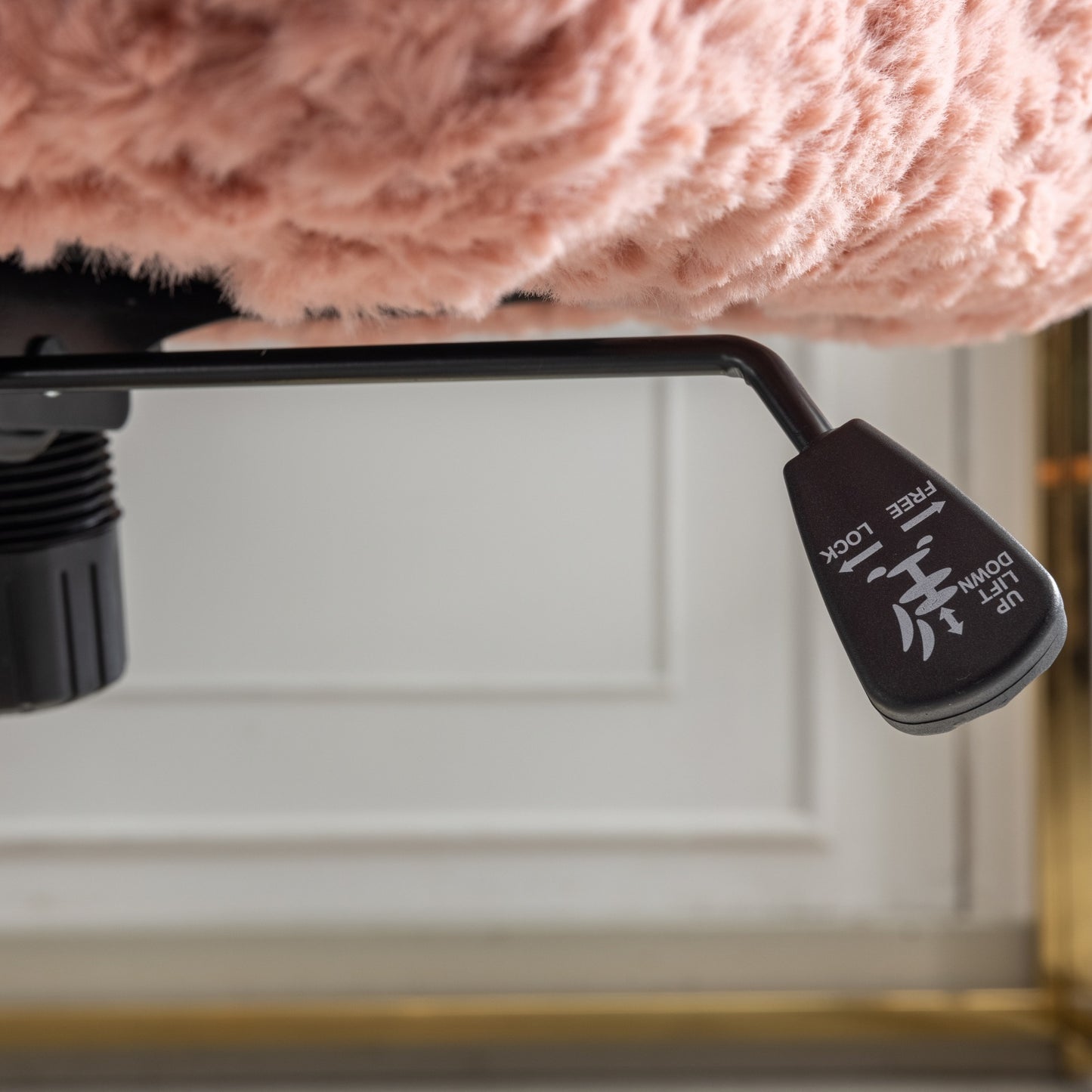 Elegant Pink Upholstered Office Chair with Golden Base - Adjustable Swivel Vanity Chair with Rabbit Fur Cushion