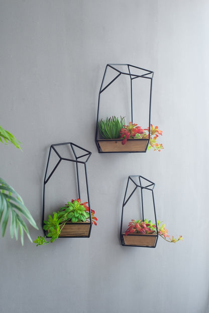 Geometric Iron Wall Planters Set of 3 with Fir Wood Bins, Large/Medium/Small, Wall-Mounted, Black & Brown