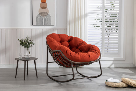 Outdoor Rattan Rocking Chair With Padded Cushion Durable Steel Frame Ideal For Front Porch Patio Living Room Orange