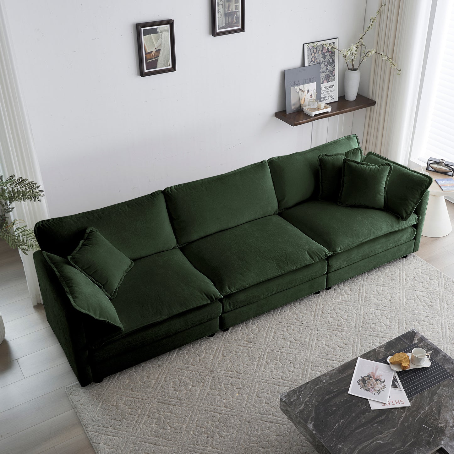 Modular 3-Seater Chenille Sofa with Armrest Cushions and 3 Toss Pillows, Sectional-Ready Couch Green