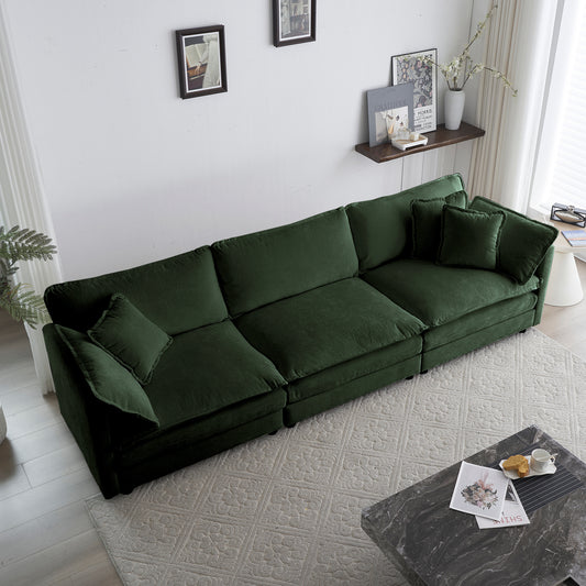 Modular 3-Seater Chenille Sofa with Armrest Cushions and 3 Toss Pillows, Sectional-Ready Couch Green