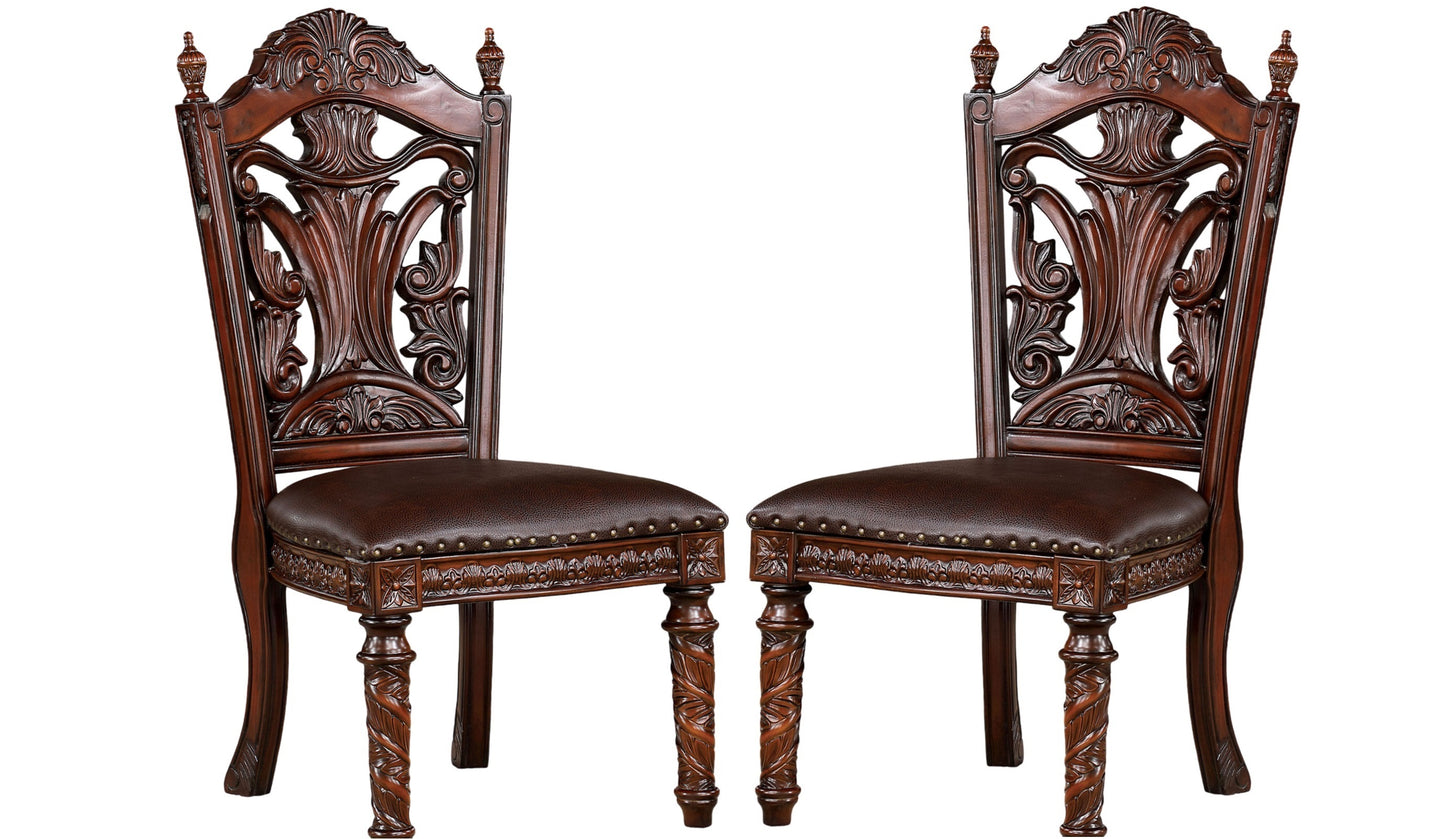 Traditional Dining Side Chair Set of 2, Solid Wood, Leatherette, Carved Back, Nailhead Trim Dark Brown