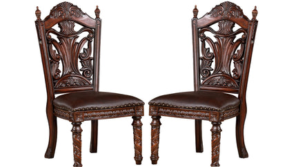 Traditional Dining Side Chair Set of 2, Solid Wood, Leatherette, Carved Back, Nailhead Trim Dark Brown