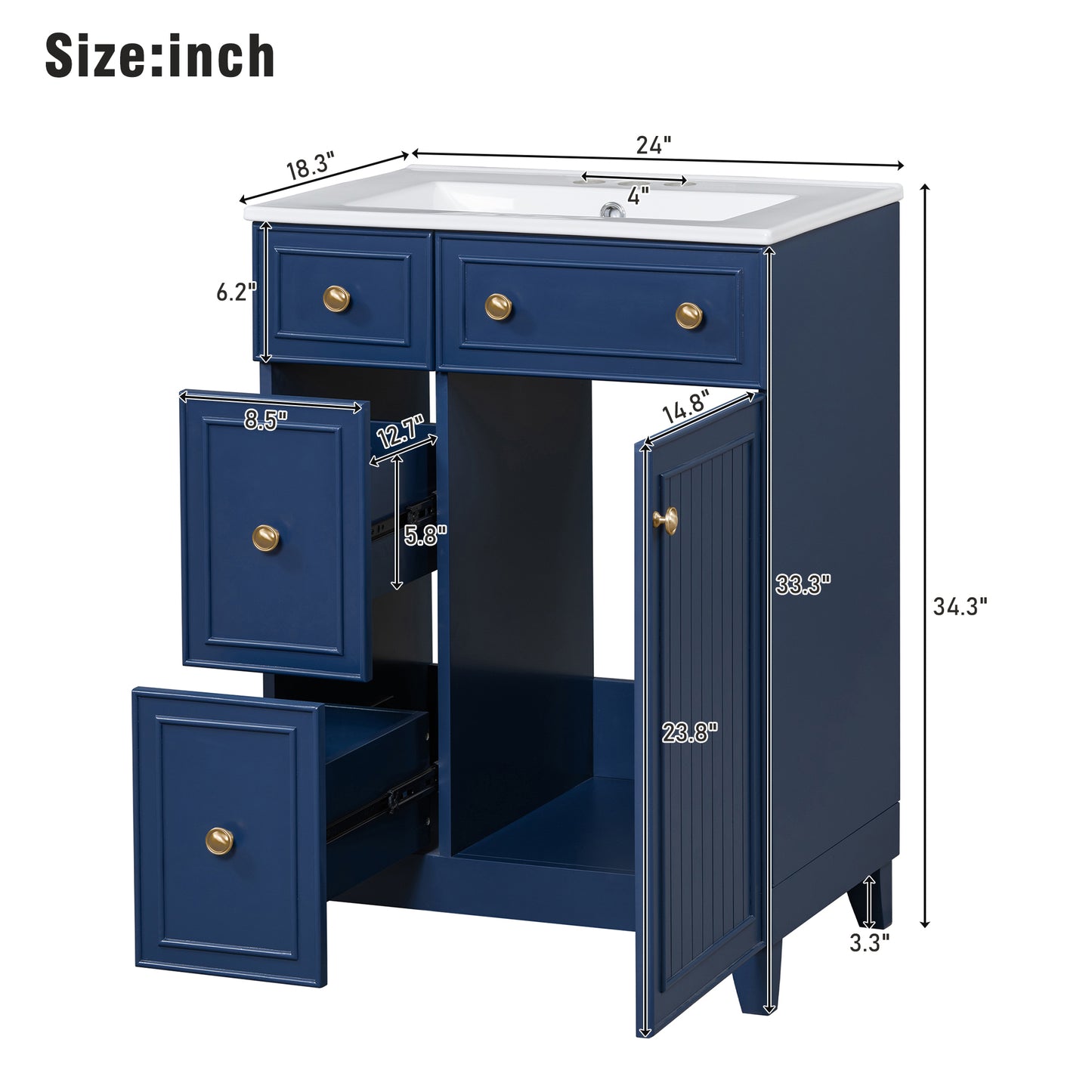 Compact 24-Inch Bathroom Vanity with Ceramic Sink, Dual Drawers, and Single Door