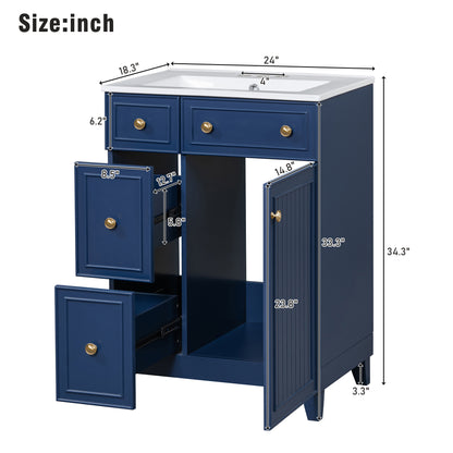 Compact 24-Inch Bathroom Vanity with Ceramic Sink, Dual Drawers, and Single Door