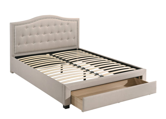 Elegant Light Brown Burlap Upholstered Queen Bed Frame with Storage Drawer & Button Tufted Arch Headboard