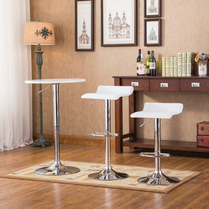 Adjustable Height Bar Table with Wood Top & Chrome Metal Frame, 2 Chrome Air Lift Swivel Stools, White