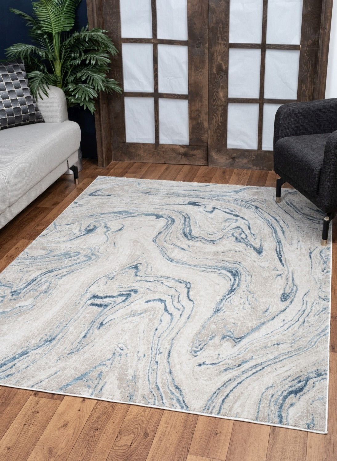7 ft 10 in x 10 ft 3 in Contemporary Area Rug, 100% Polyester, Stain-Resistant, High-Traffic, Ivory