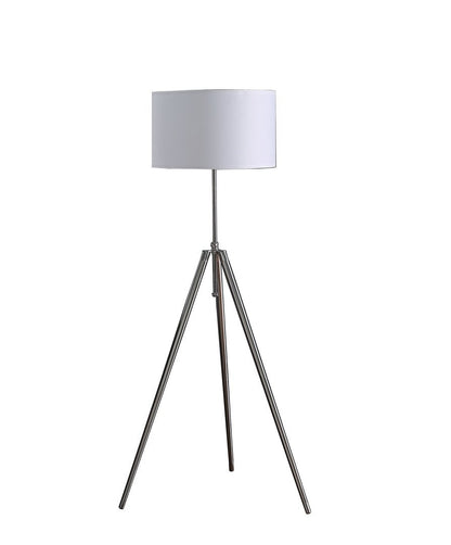 Mid-Century Adjustable Tripod Floor Lamp, 47-64in, Metal, White Drum Shade, E26, 100W Max Polished Chrome