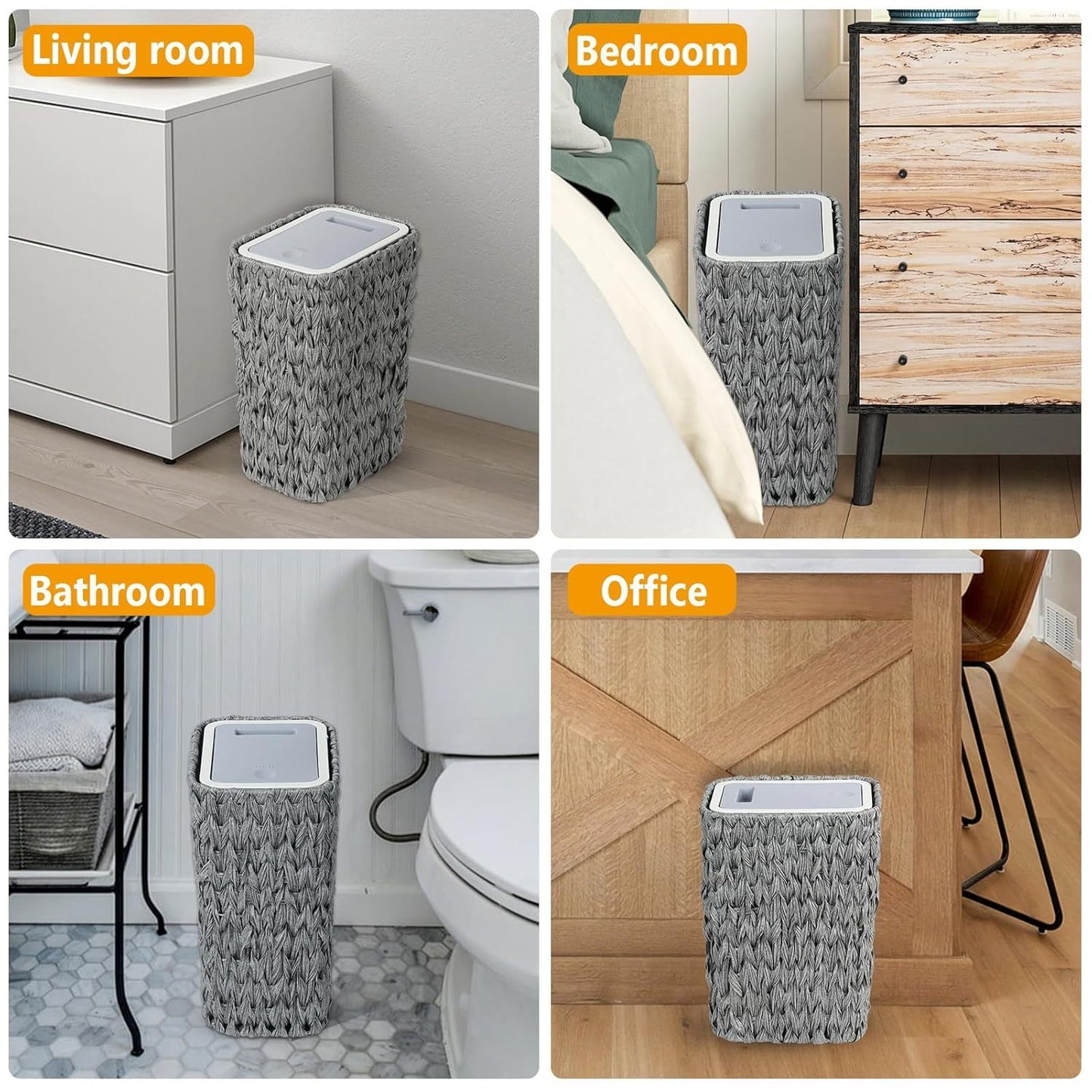 Bathroom Small Trash Can with Lid,2.6 Gallon Small Rattan Garbage Can with Press Top Lid,Double-Deck Slim Wicker Wastebasket Trash Can for Bathroom,Kitchen,Office,Living Room,Bedroom-Gray