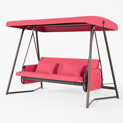 Outdoor Patio 3-Seater Metal Swing Chair With Cushions And Adjustable Canopy, Weather-Resistant Frame, Red