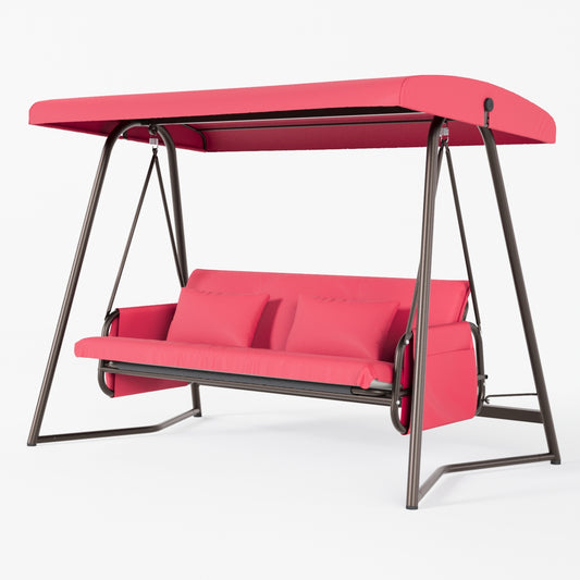 Outdoor Patio 3-Seater Metal Swing Chair With Cushions And Adjustable Canopy, Weather-Resistant Frame, Red