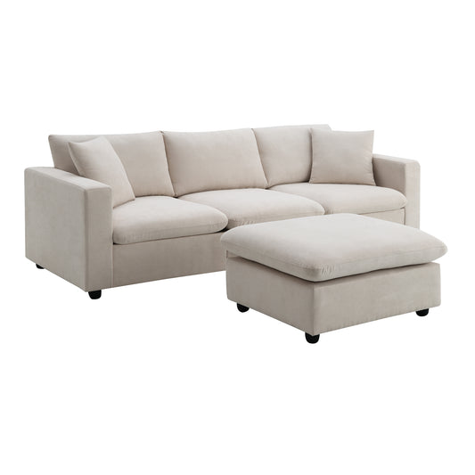 L-Shaped Sectional Sofa with Movable Ottoman, 101x66, Polyester Upholstery, Iron Frame, 4-Seater Beige