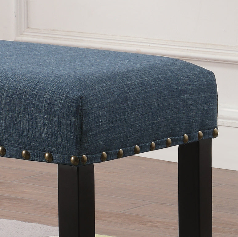 44-Inch Fabric Dining Bench with Nailhead Trim, Linen-Cotton Upholstery, Solid Hardwood Legs, 19H Blue