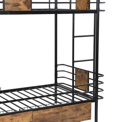Twin XL Metal Bunk Bed with MDF Guardrails and Storage Drawers in Black