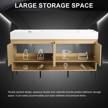 60-Inch Modern Oak Bathroom Vanity Set with Single Resin Sink and 4-Door Storage Cabinet