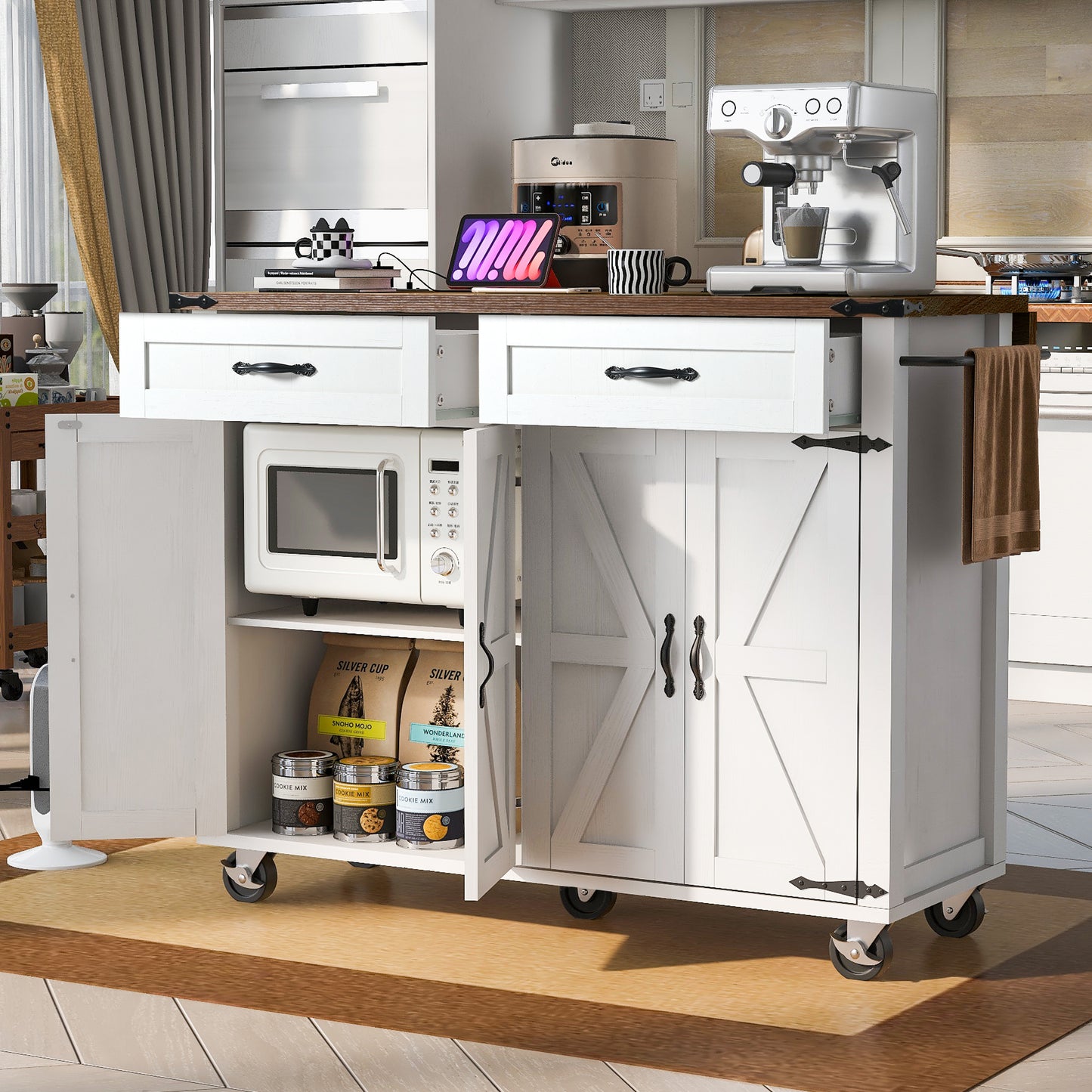 Farmhouse Rolling Kitchen Island with Power Outlet, Drop Leaf, Spice Rack, and Storage Drawers - 53.5'' White Cart for Kitchen and Dining Room