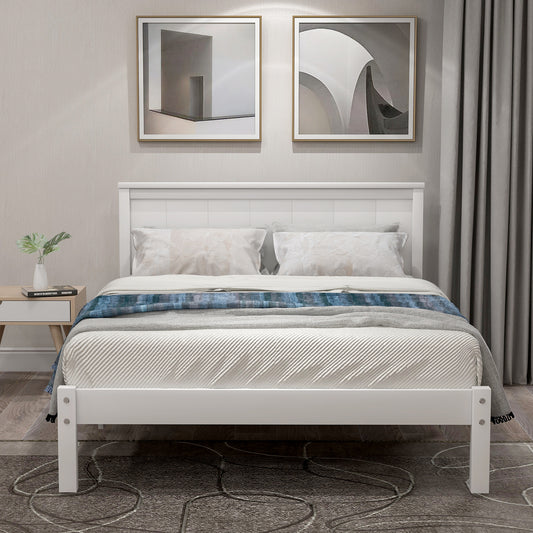 Modern Twin Platform Bed Frame with Rustic Headboard and Wood Slat Support, No Box Spring Required, White