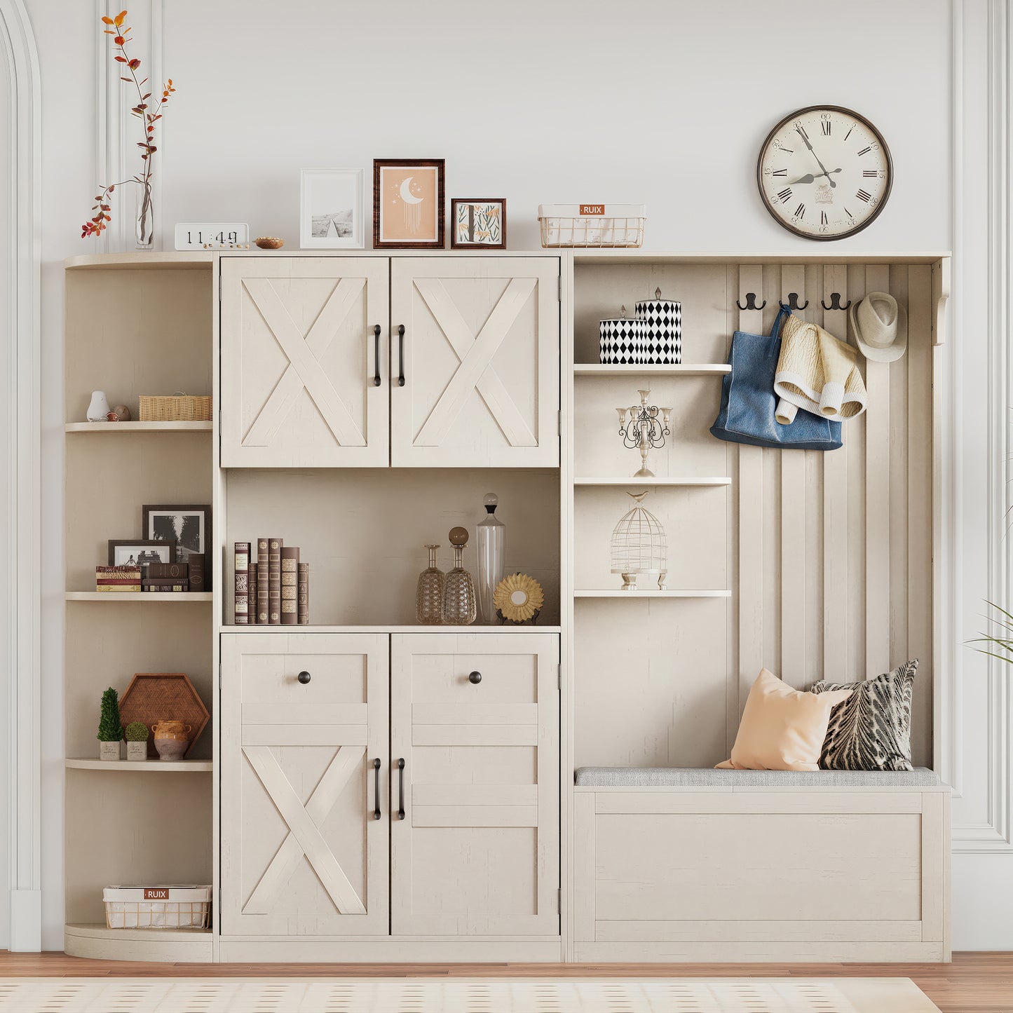2-in-1 Left-Right Hall Cabinet with 4 Hooks, L-Shape Storage for Living Room or Hallway, MDF & PB, Beige