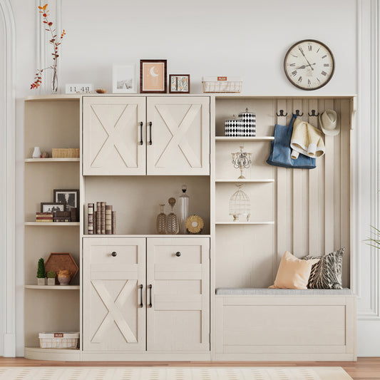 2-in-1 Left-Right Hall Cabinet with 4 Hooks, L-Shape Storage for Living Room or Hallway, MDF & PB, Beige