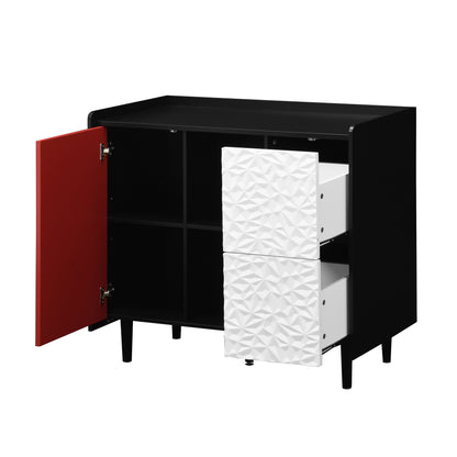 Sideboard Buffet Cabinet, Black Storage Cabinet with Red Doors , 2 Drawers with unique panel styling and 2 Open Storage Compartment, Modern Coffee Bar Cabinet Accent Cabinet for Kitchen, Dining Room,