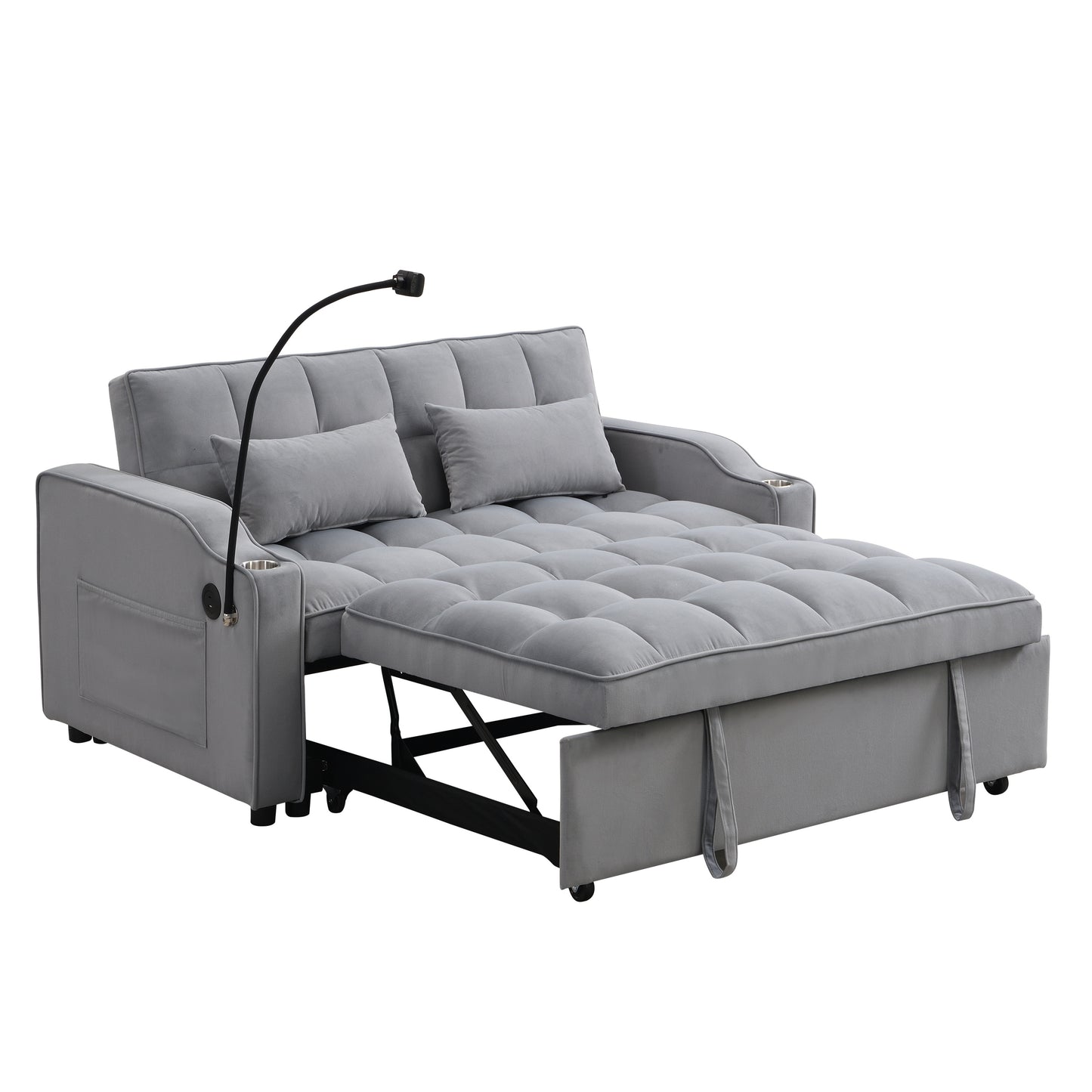 Velvet Convertible Sofa Bed with Pull-Out Sleeper, Adjustable Backrest, Full Size Light Gray