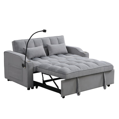 Velvet Convertible Sofa Bed with Pull-Out Sleeper, Adjustable Backrest, Full Size Light Gray