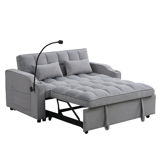 Velvet Convertible Sofa Bed with Pull-Out Sleeper, Adjustable Backrest, Full Size Light Gray