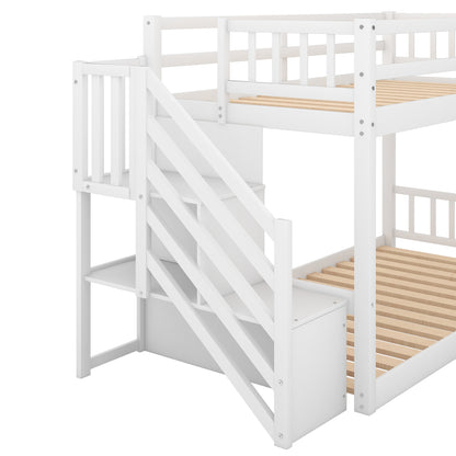 Space-Saving Twin Over Twin Bunk Bed with Storage Ladder in White
