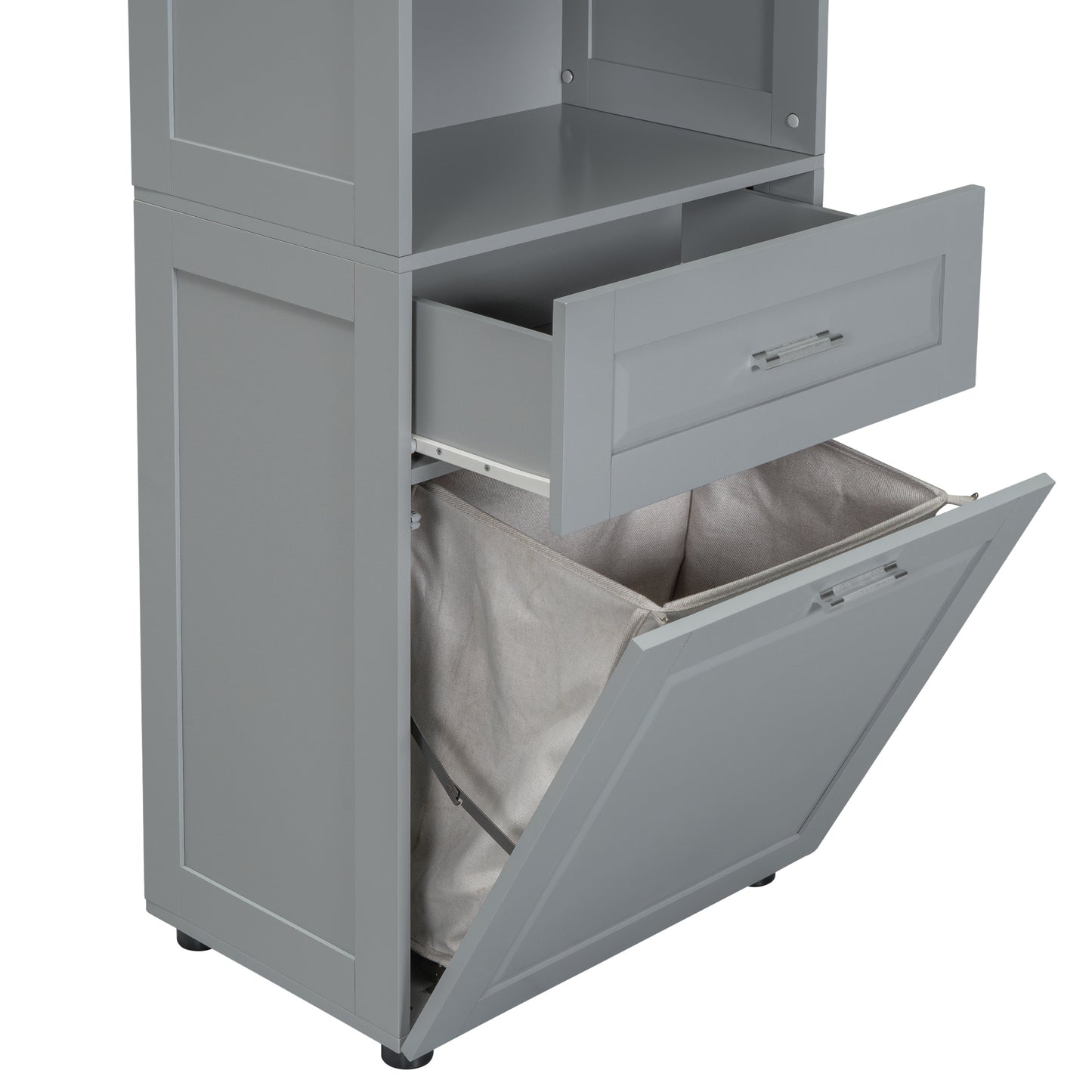 Tall Grey Storage Cabinet with Removable Laundry Hamper, Multi-Functional Upper Shelves and Cabinet Doors