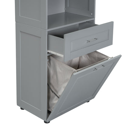 Tall Grey Storage Cabinet with Removable Laundry Hamper, Multi-Functional Upper Shelves and Cabinet Doors