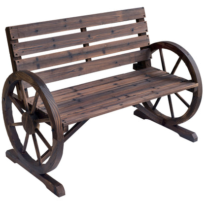41-Inch Wooden Wagon Wheel Bench For Patio 2-Person Slatted Backrest Rustic Weather-Resistant Brown