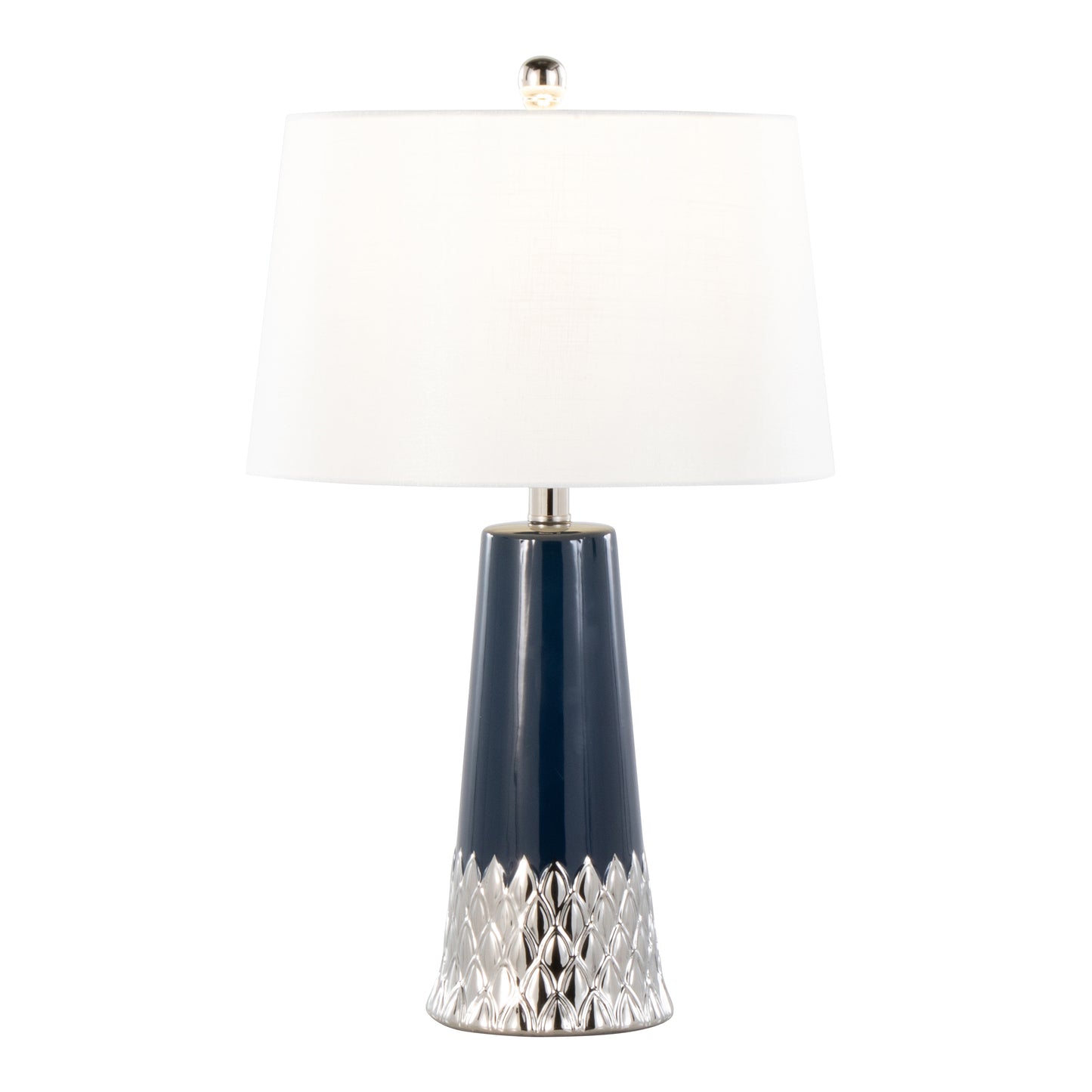 22-Inch Contemporary Ceramic Table Lamp with White Shade, Metal Accent, Indoor Use - Dark Blue and Silver